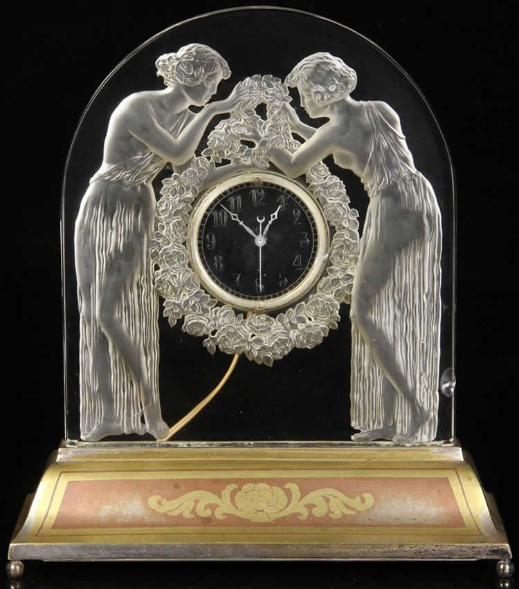 Rene Lalique Table Clock Deux Figurines