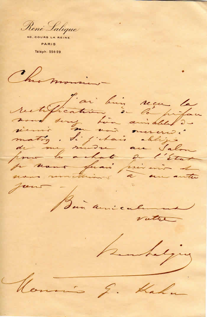 Rene Lalique Autographed Signed To Gustave Kahn Letter
